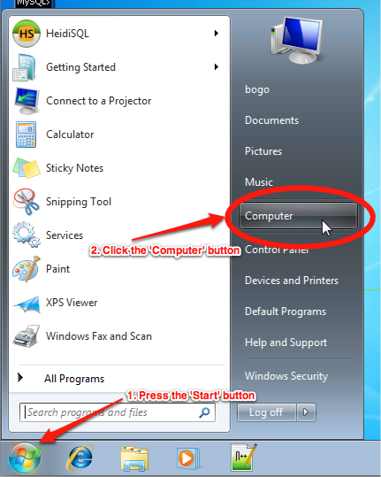 The 'Start' menu in Windows 7