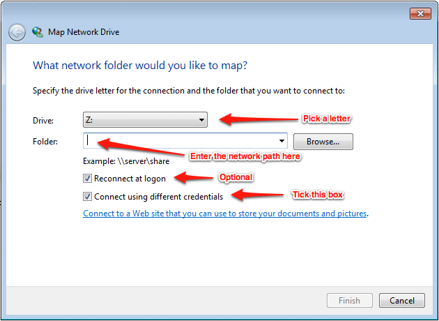 The 'Map network drive' window in Windows 7