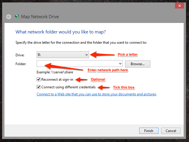 The 'Map network drive' window in Windows 8